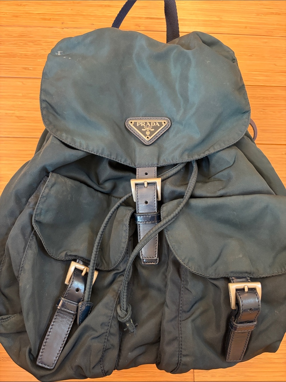 Authentic Teal Nylon Backpack with navy Leather Trim